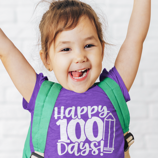 Kids "100 Days of School" T-shirt featuring fun and celebratory design for the 100th day of school milestone. Made from soft cotton for a comfortable fit.