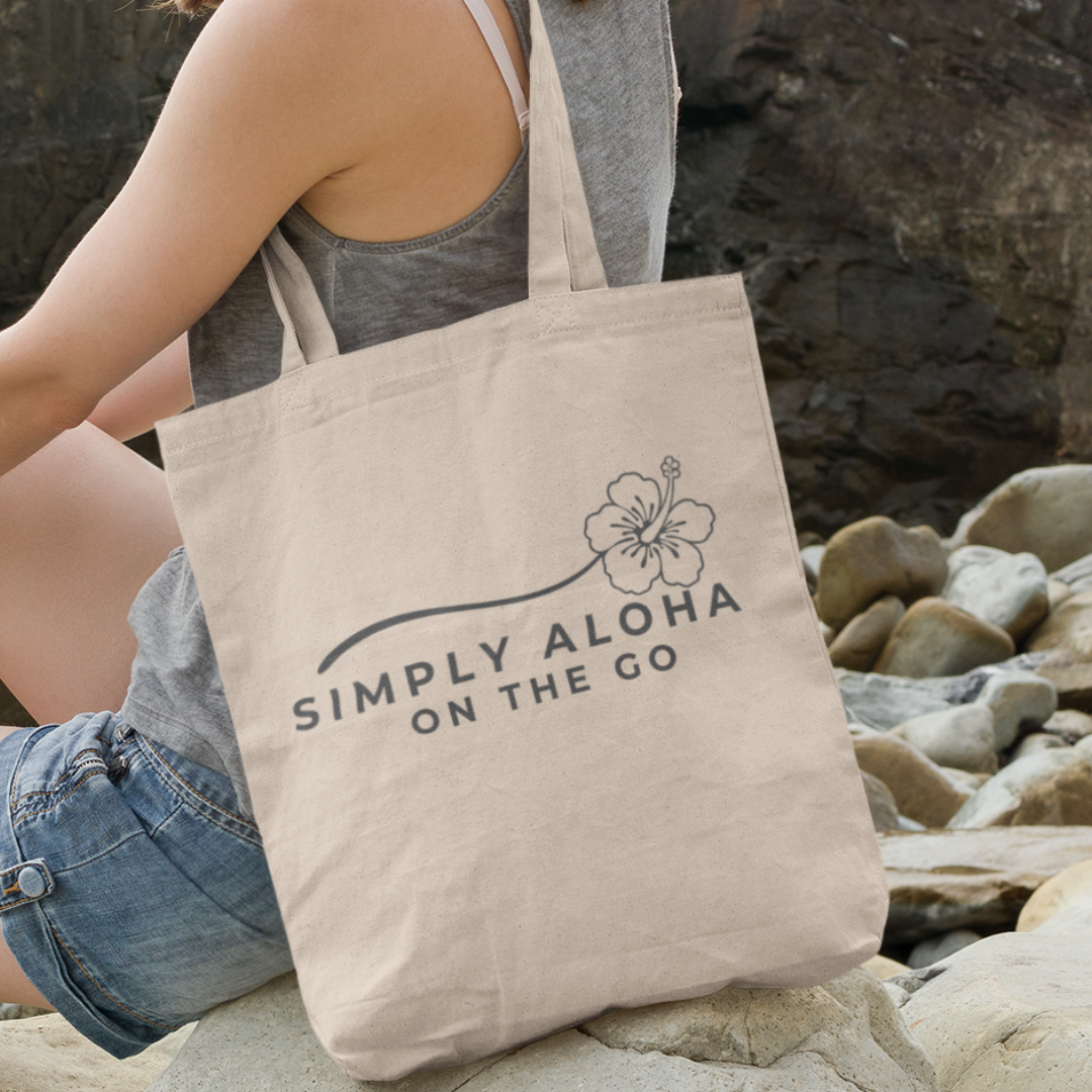 Aloha Vibes Everywhere You Go eco-friendly canvas tote bag for everyday use, perfect for shopping, errands, and spreading positivity.