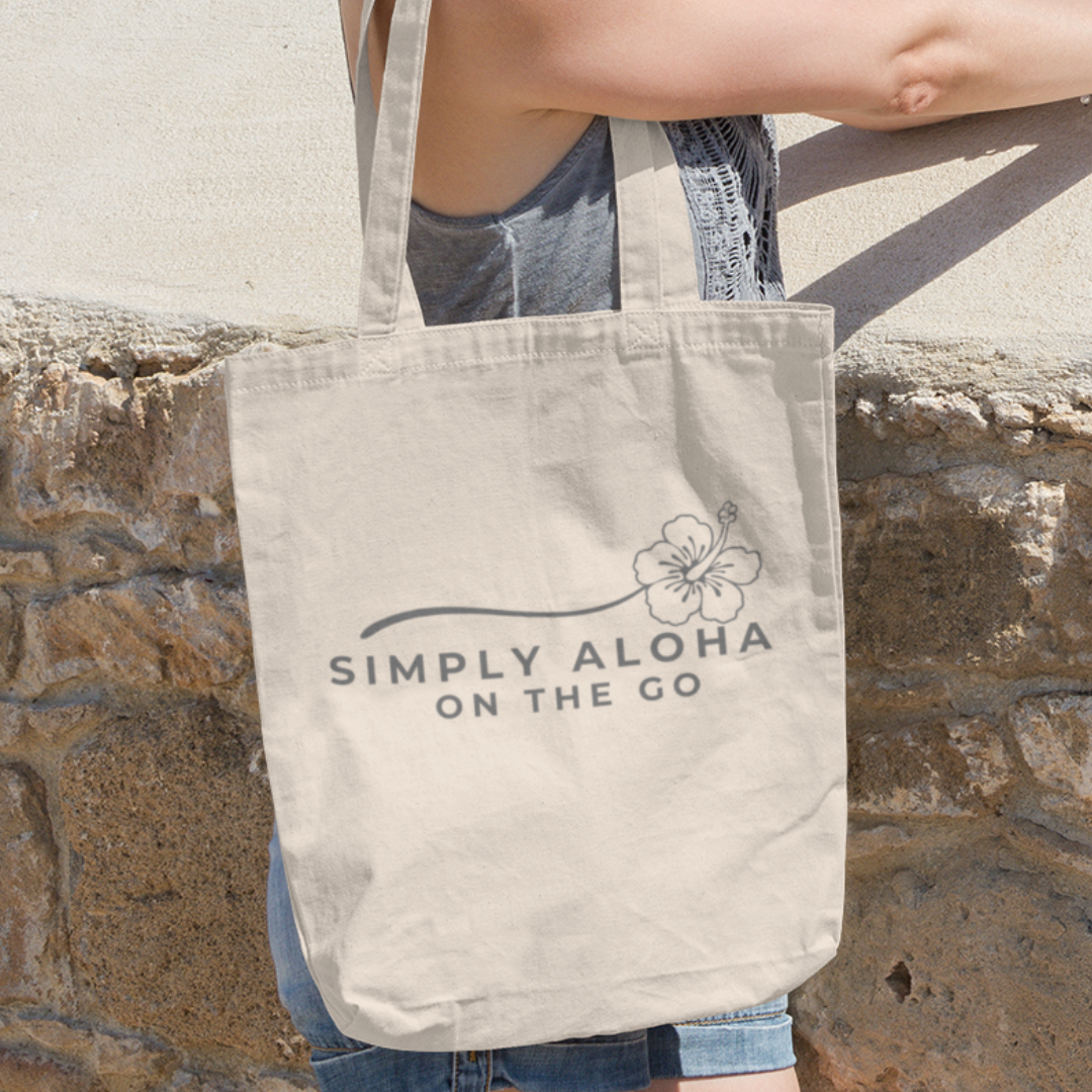 Aloha Vibes Everywhere You Go eco-friendly canvas tote bag for everyday use, perfect for shopping, errands, and spreading positivity.