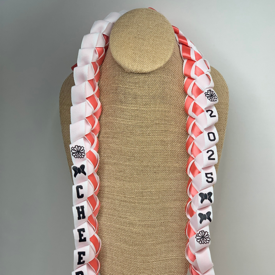 Custom cheer senior night ribbon leis, personalized with athlete's name and jersey number for a unique graduation gift for your player or the entire team!