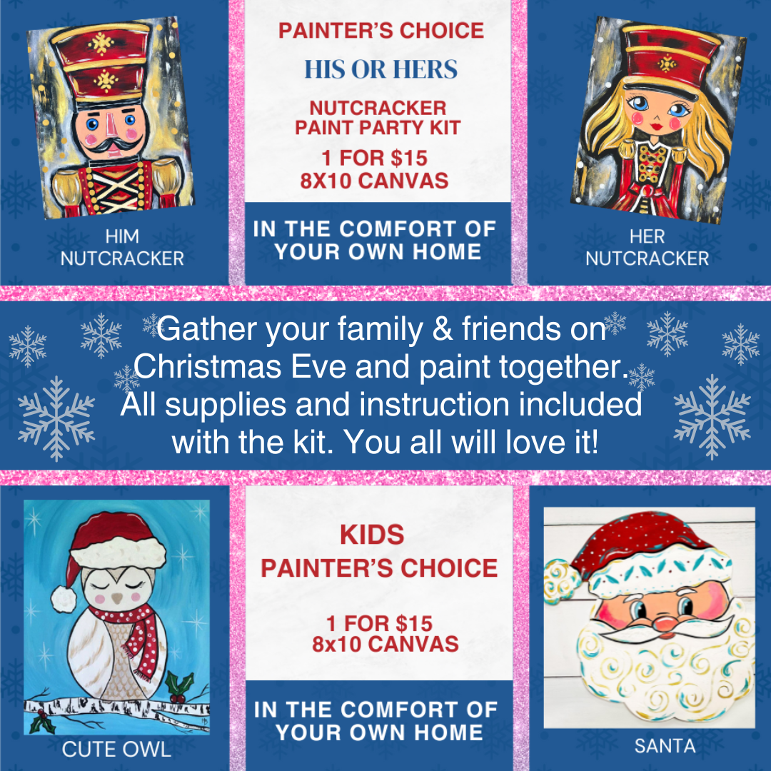 Christmas Eve Paint Party Kit – Family Fun with Nutcracker for Adults & Owl & Santa for Kids. All Supplies & Instructions Included.