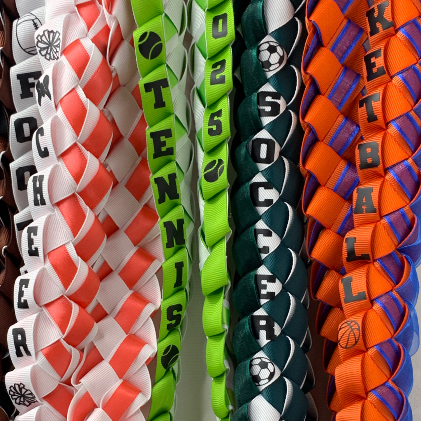 Custom (sport name) senior night ribbon leis, personalized with athlete's name and jersey number for a unique graduation gift for your player or the entire team! 