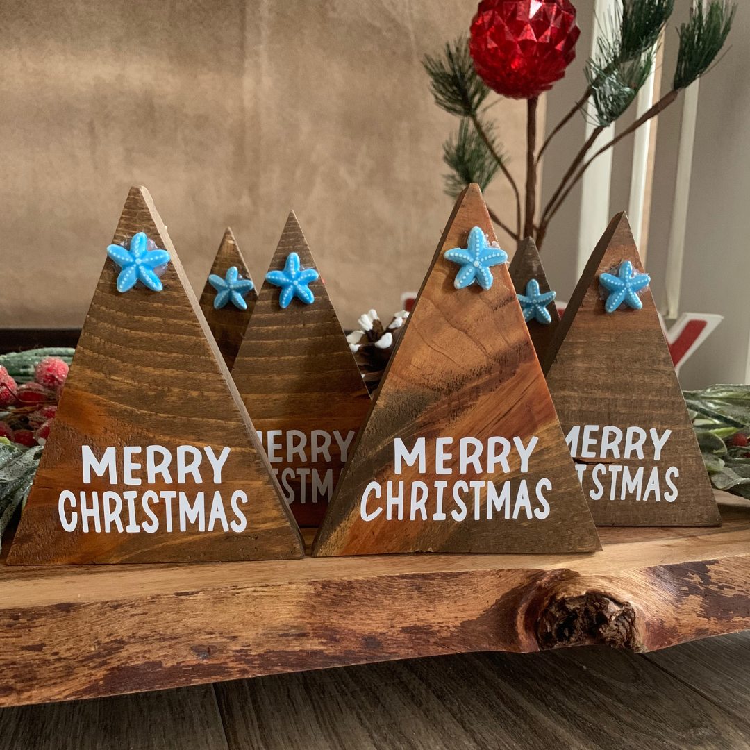 Double-sided triangle tiered tray featuring a "Merry Christmas" design on one side and a mini paper clip for adding a student photo on the back. Perfect for personalized holiday decor.