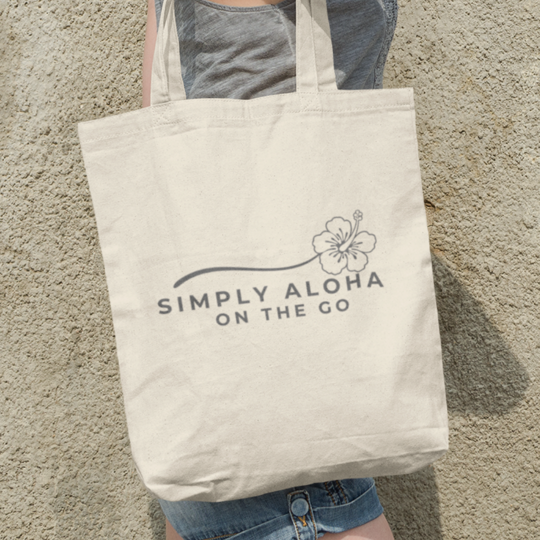 Aloha Vibes Everywhere You Go eco-friendly canvas tote bag for everyday use, perfect for shopping, errands, and spreading positivity.