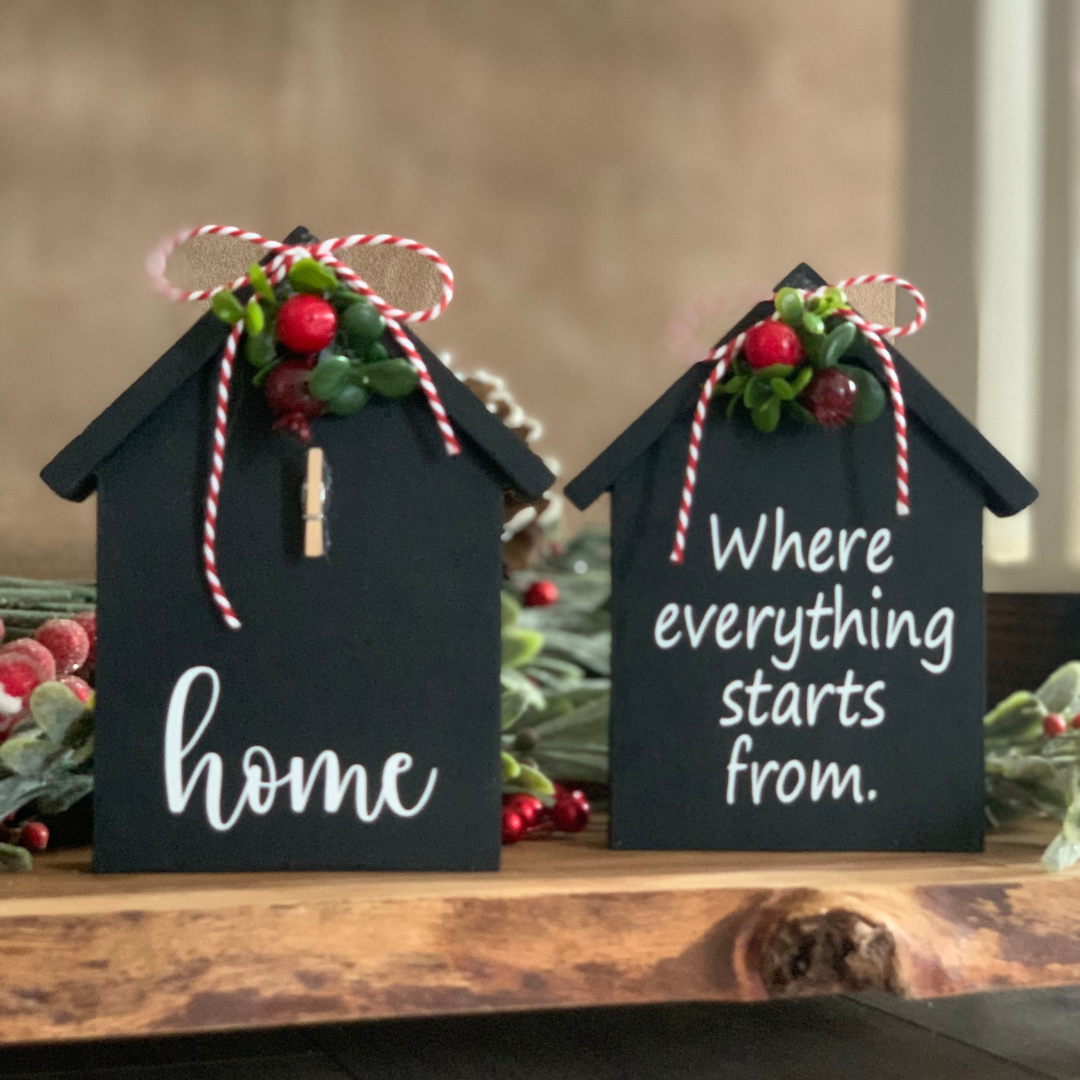 4x5 little house double-sided sign with Home on the front and personalized message on the back, ideal for home décor and unique gifts for teachers and school staff, family and friends, even neighbors!