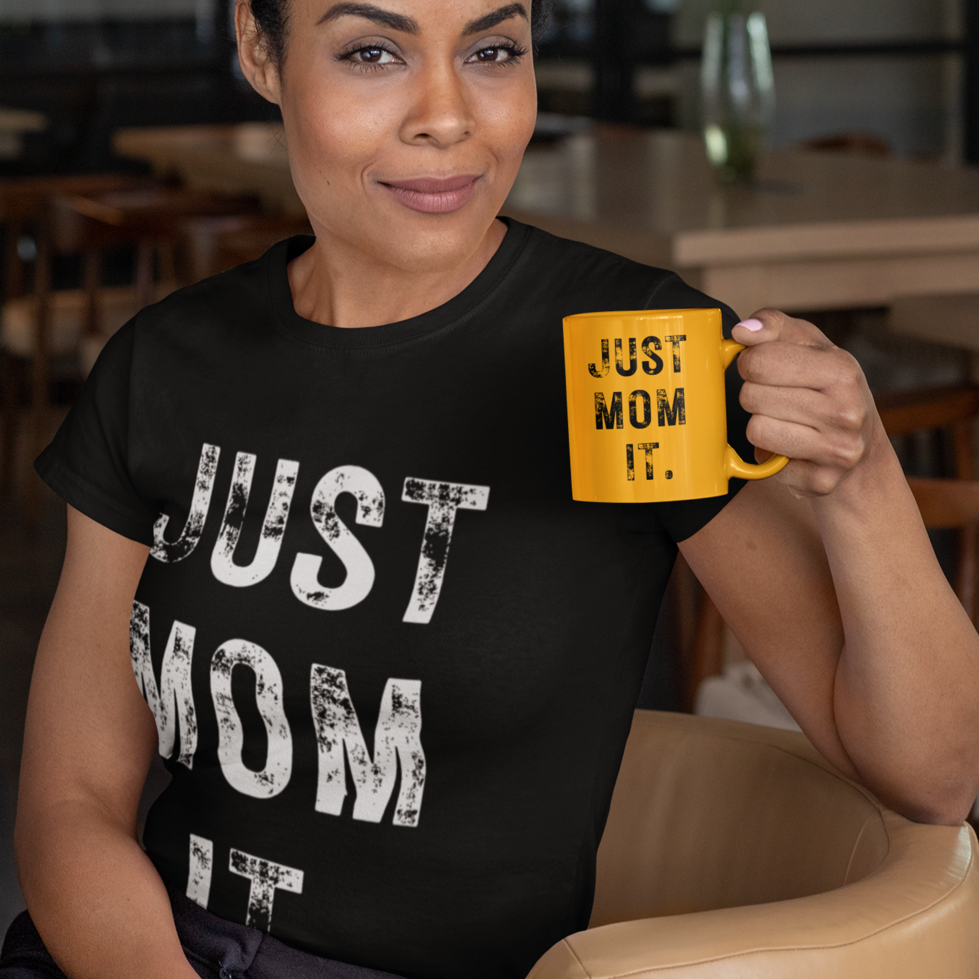 Just Mom Empower Tee featuring empowering text for modern moms. Soft cotton shirt with a stylish design, available in various sizes and colors.