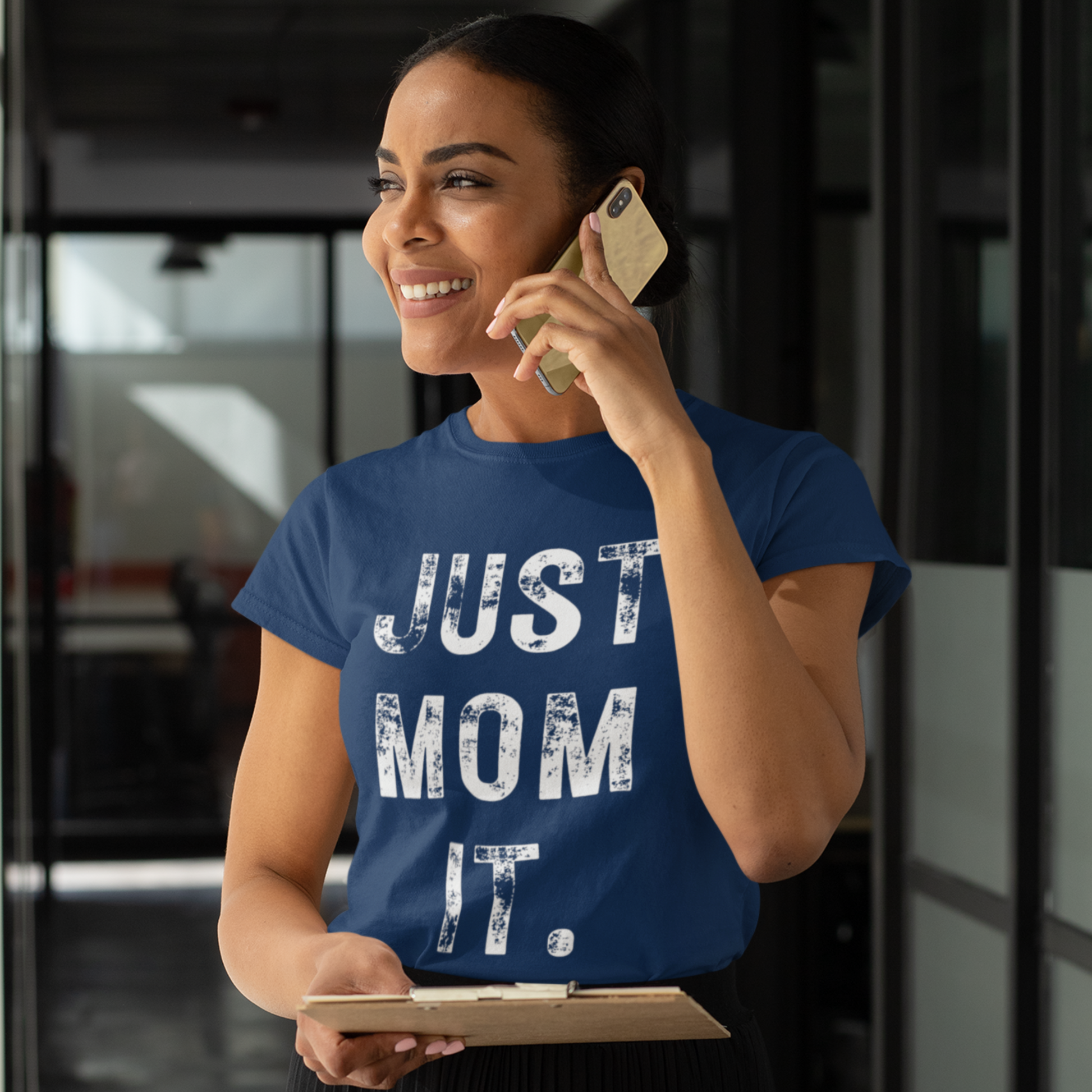 Just Mom Empower Tee featuring empowering text for modern moms. Soft cotton shirt with a stylish design, available in various sizes and colors.