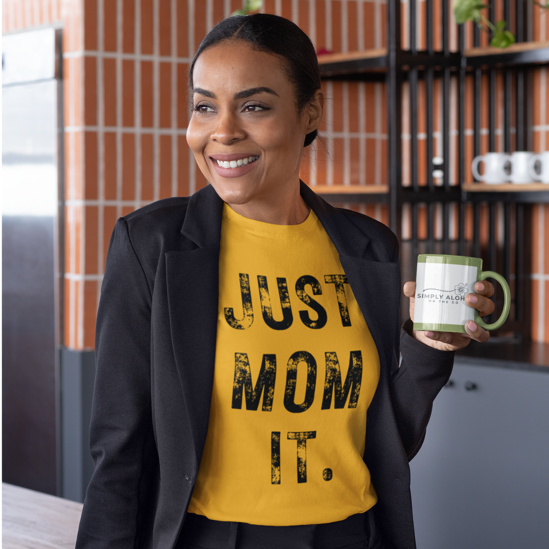 Just Mom Empower Tee featuring empowering text for modern moms. Soft cotton shirt with a stylish design, available in various sizes and colors.