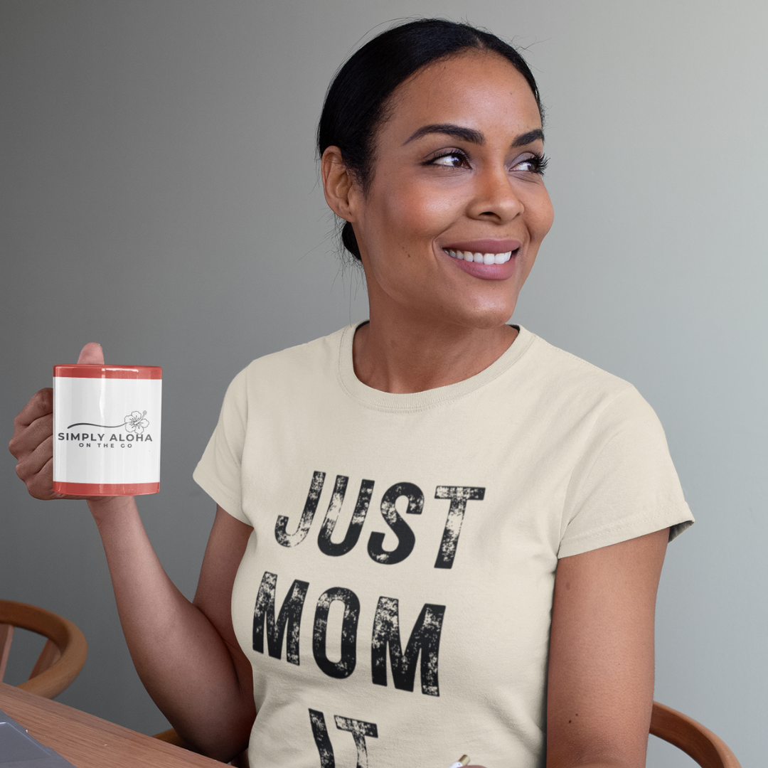 Just Mom Empower Tee featuring empowering text for modern moms. Soft cotton shirt with a stylish design, available in various sizes and colors.