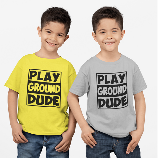 Kids Playground Dude Boys T-Shirt in vibrant colors with a playful design of swings, slides, and merry-go-rounds. Perfect for active play and casual wear.