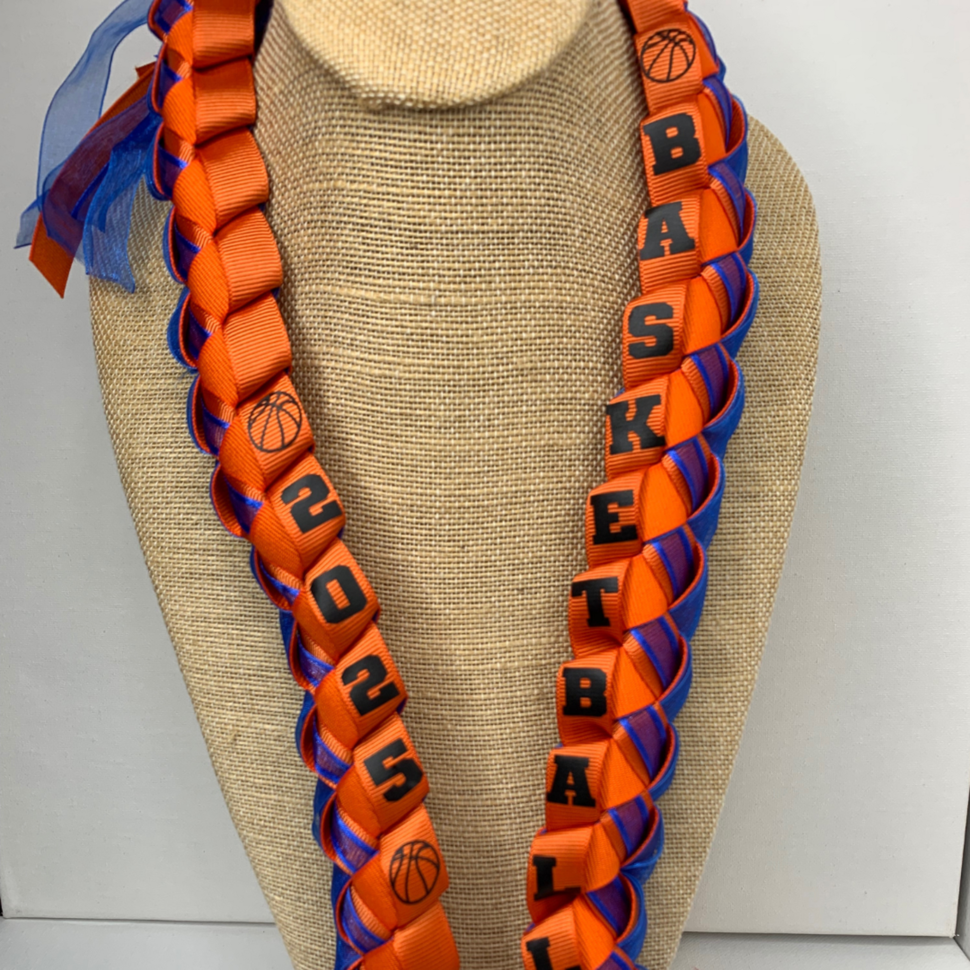 Shop our Custom Basketball Ribbon Lei, personalized gift for Senior Night banquet, assembly, or end-of-season parties. Gift a player or the whole team!