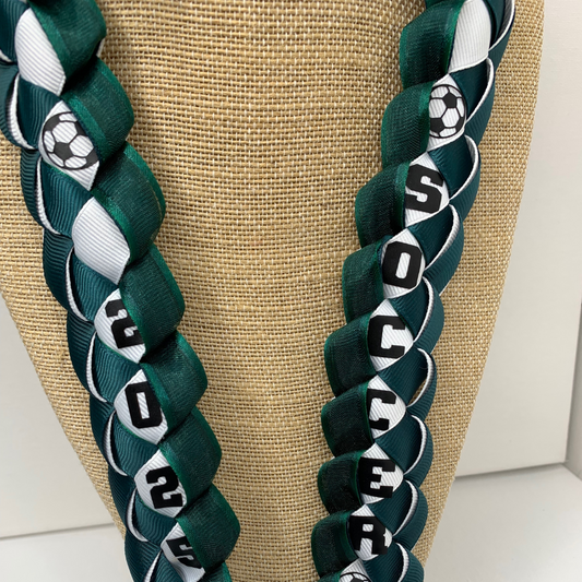 Custom soccer senior night ribbon leis, personalized with athlete's name and jersey number for a unique graduation gift for your player or the entire team!