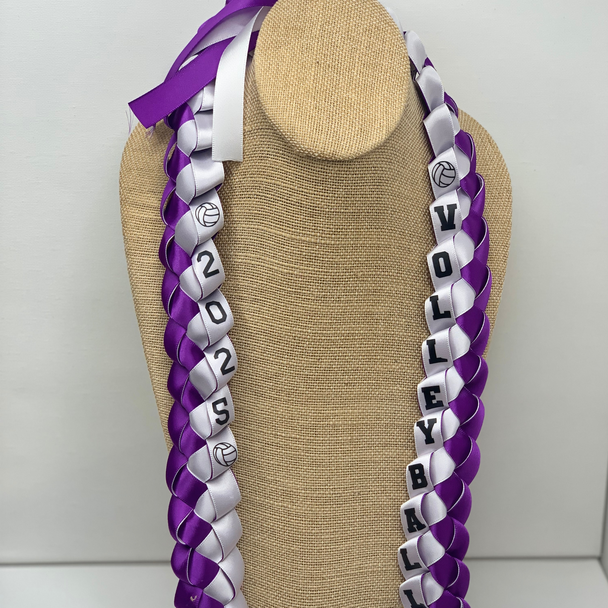 Custom volleyball senior night ribbon leis, personalized with athlete's name and jersey number for a unique graduation gift for your player or the entire team!