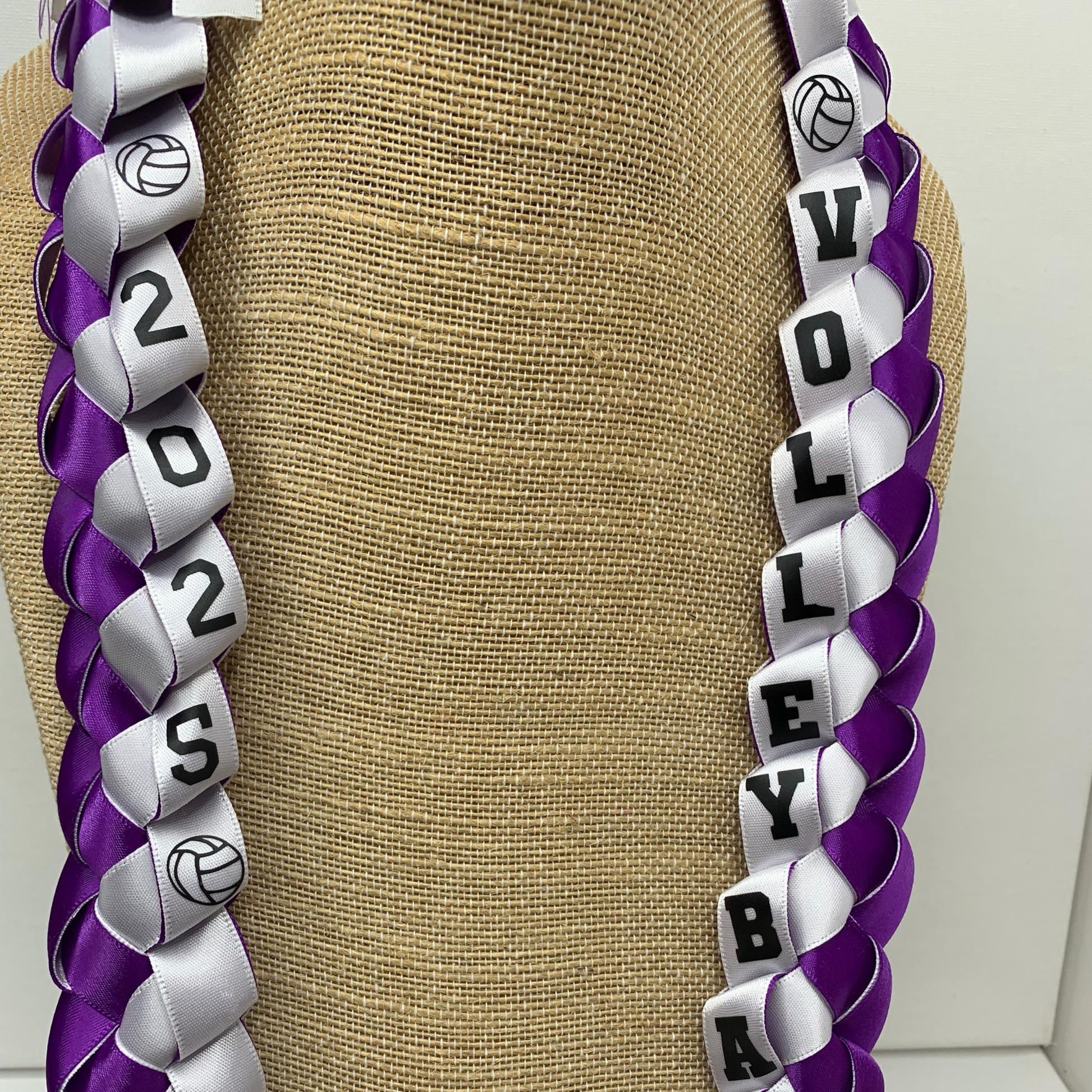 Custom volleyball senior night ribbon leis, personalized with athlete's name and jersey number for a unique graduation gift for your player or the entire team!