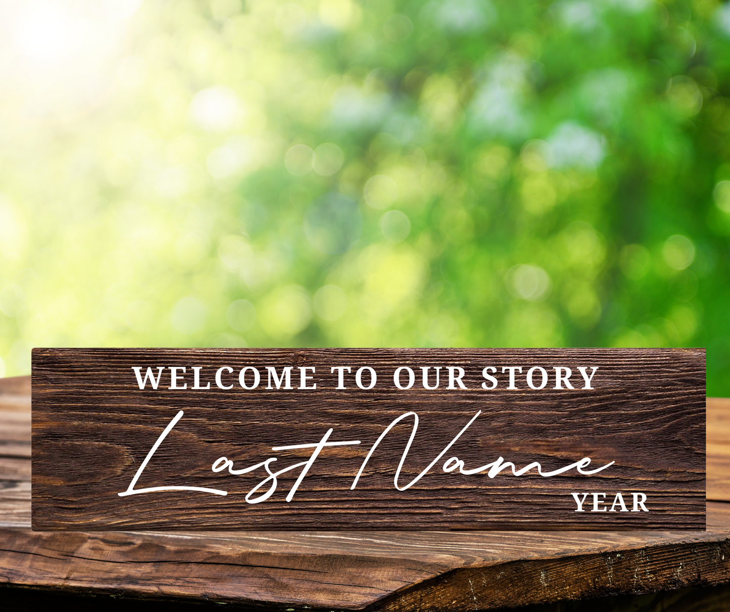 Personalized 'Welcome to Our Story' wood sign, custom home decor, elegant design with last name and est year.